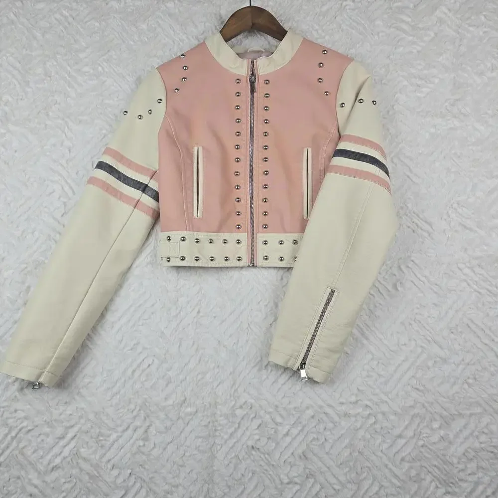 Urban Outfitters Pink and Cream Studded Leather Jacket